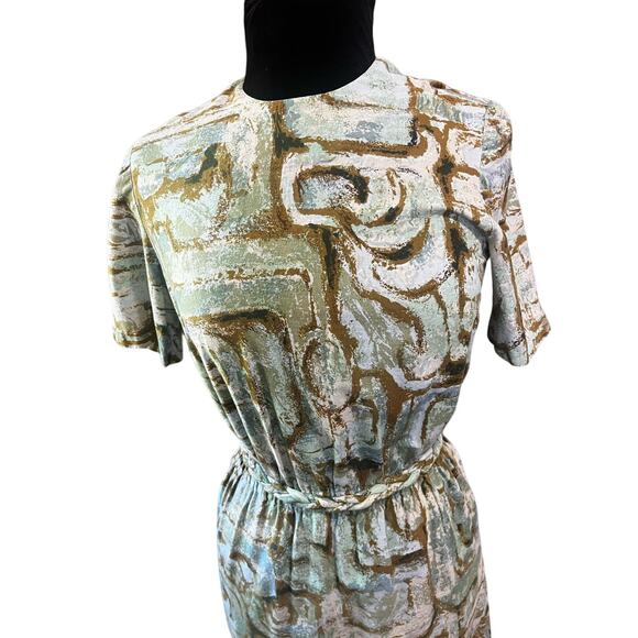 Vintage 60s Gray Green Abstract Neutral Tone Fit and Flare Dress XS Small Retro - Picture 3 of 6